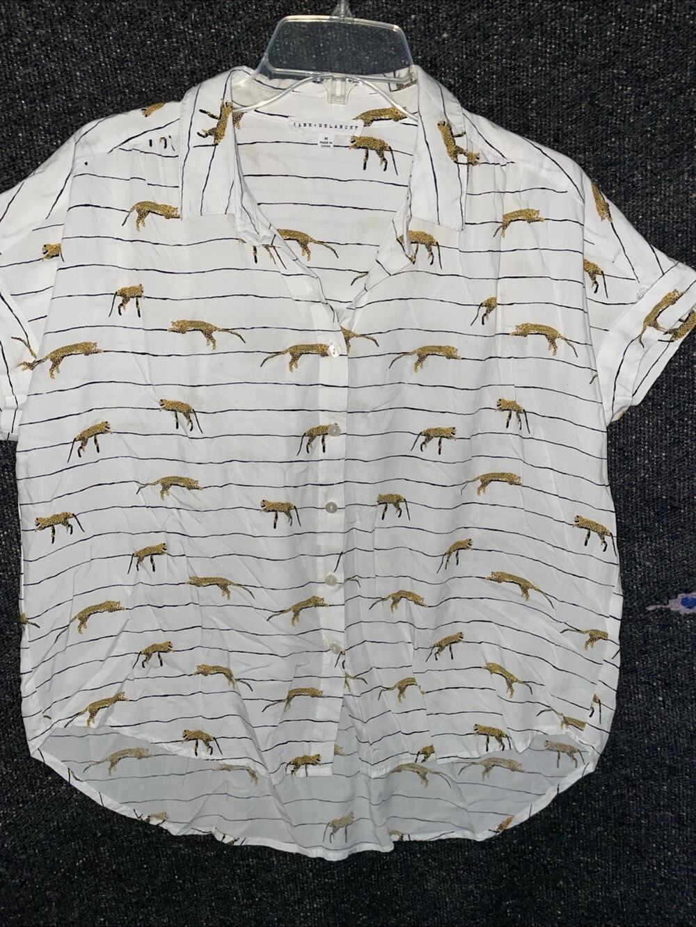 Jane Delancey Shirt Womens Medium Striped Cheetah Top Blouse button Up